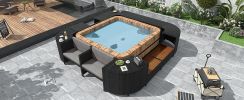 Spa Surround Spa Frame Quadrilateral Outdoor Rattan Sectional Sofa Set with Mini Sofa, Wooden Seats and Storage Spaces, Grey