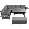 5-Piece Outdoor Patio Rattan Sofa Set; Sectional PE Wicker L-Shaped Garden Furniture Set with 2 Extendable Side Tables; Dining Table and Washable Cove