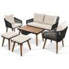 K&K 6-Piece Rope Patio Furniture Set, Outdoor Furniture with Acacia Wood Cool Bar Table with Ice Bucket , Deep Seat Patio Conversation Set with Two St