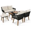 K&K 6-Piece Rope Patio Furniture Set, Outdoor Furniture with Acacia Wood Cool Bar Table with Ice Bucket , Deep Seat Patio Conversation Set with Two St