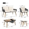 K&K 6-Piece Rope Patio Furniture Set, Outdoor Furniture with Acacia Wood Cool Bar Table with Ice Bucket , Deep Seat Patio Conversation Set with Two St