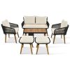K&K 6-Piece Rope Patio Furniture Set, Outdoor Furniture with Acacia Wood Cool Bar Table with Ice Bucket , Deep Seat Patio Conversation Set with Two St