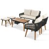 K&K 6-Piece Rope Patio Furniture Set, Outdoor Furniture with Acacia Wood Cool Bar Table with Ice Bucket , Deep Seat Patio Conversation Set with Two St