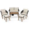K&K 6-Piece Rope Patio Furniture Set, Outdoor Furniture with Acacia Wood Cool Bar Table with Ice Bucket , Deep Seat Patio Conversation Set with Two St