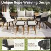 K&K 6-Piece Rope Patio Furniture Set, Outdoor Furniture with Acacia Wood Cool Bar Table with Ice Bucket , Deep Seat Patio Conversation Set with Two St